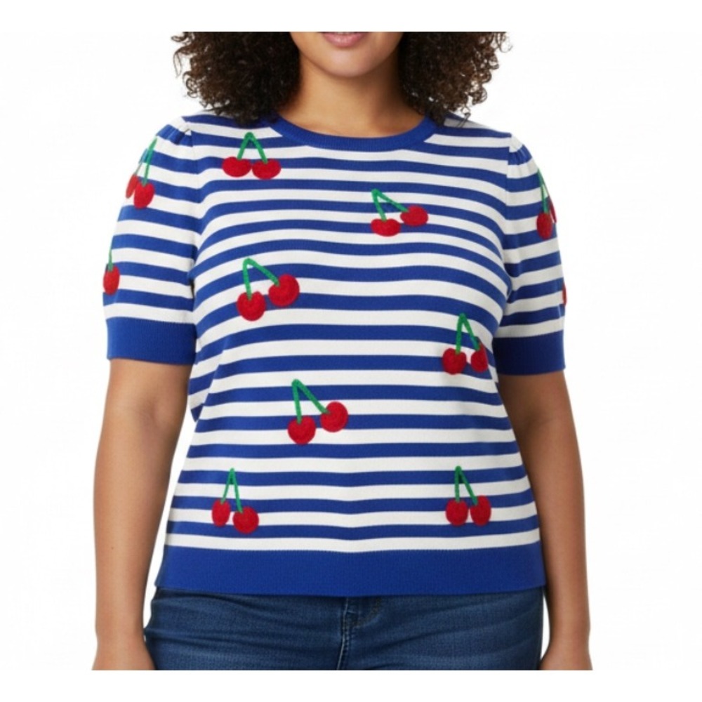 CATO Royal Blue & White SHORT SLEEVE SWEATER Embroidered Red Cherries Cherry 18W